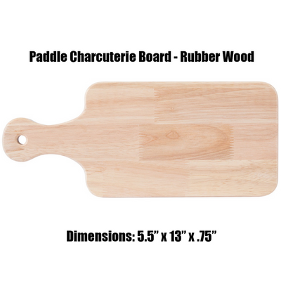 Real estate gift of a large paddle cutting board made of rubber wood 
