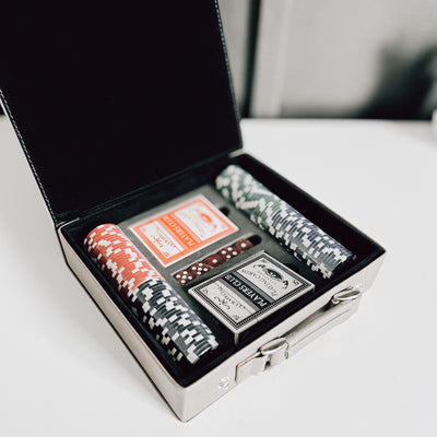 Real estate custom closing gift of a 100 piece poker set in gray, showing the inside