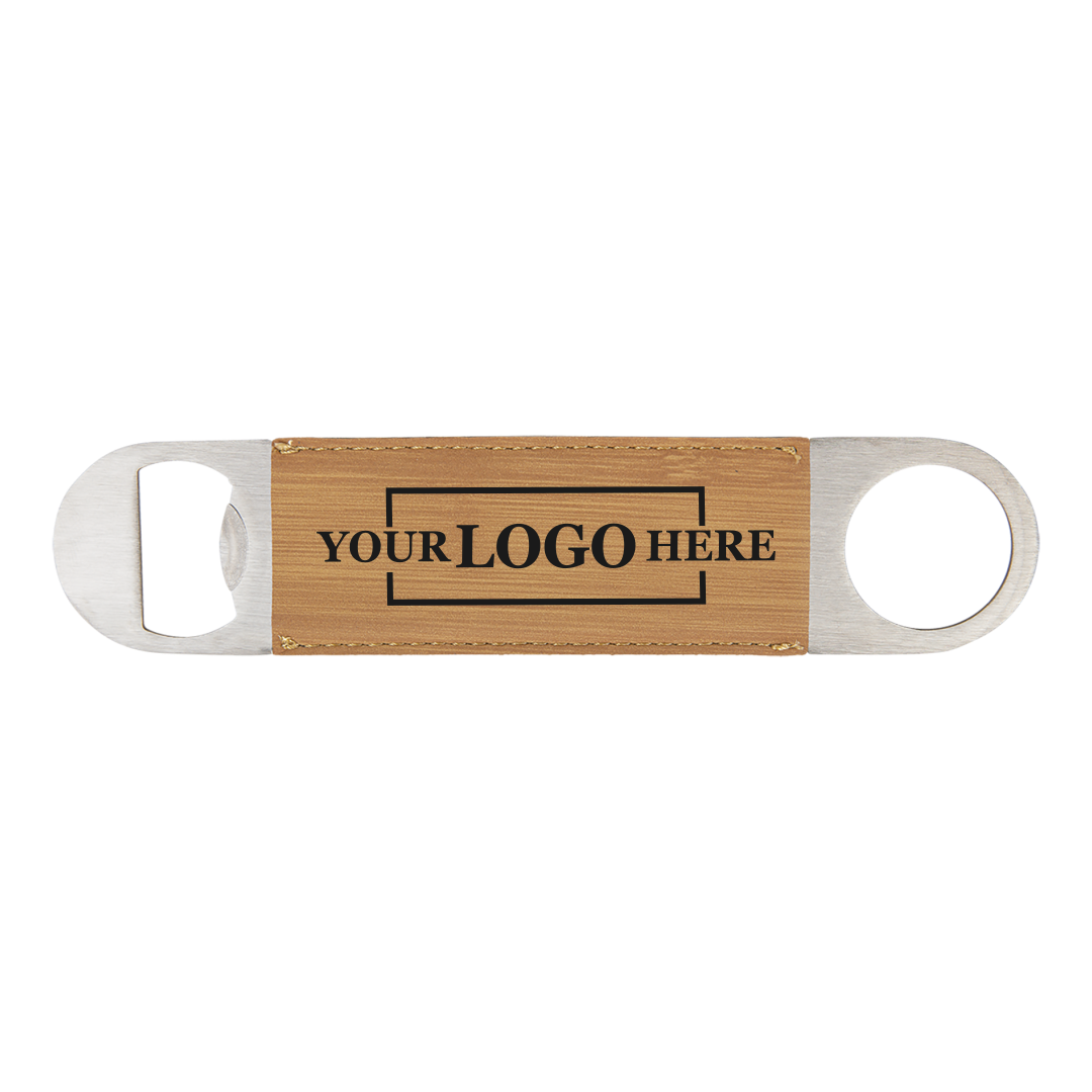 Real estate gift of a branded leatherette bottle opener in bamboo with black