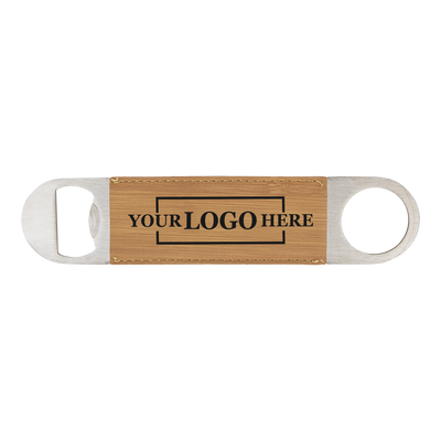 Real estate gift of a branded leatherette bottle opener in bamboo with black