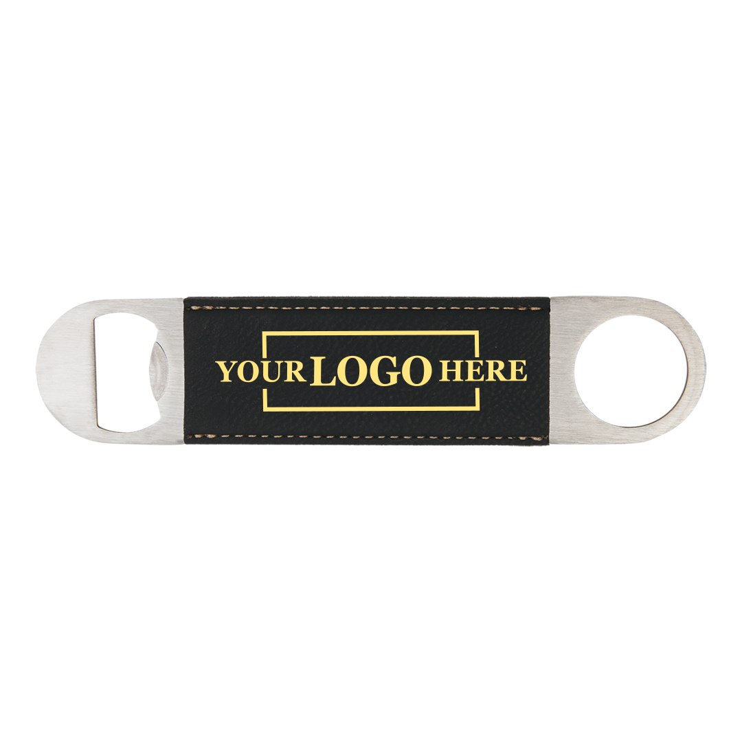 Real estate gift of a branded leatherette bottle opener in black with gold engraving