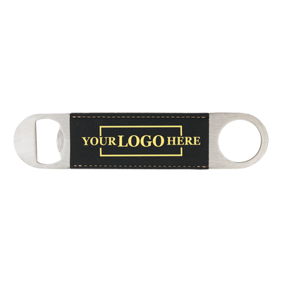 Real estate gift of a branded leatherette bottle opener in black with gold engraving