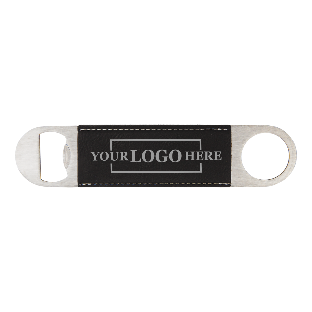  Real estate gift of a branded leatherette bottle opener in black with silver engraving