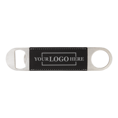  Real estate gift of a branded leatherette bottle opener in black with silver engraving