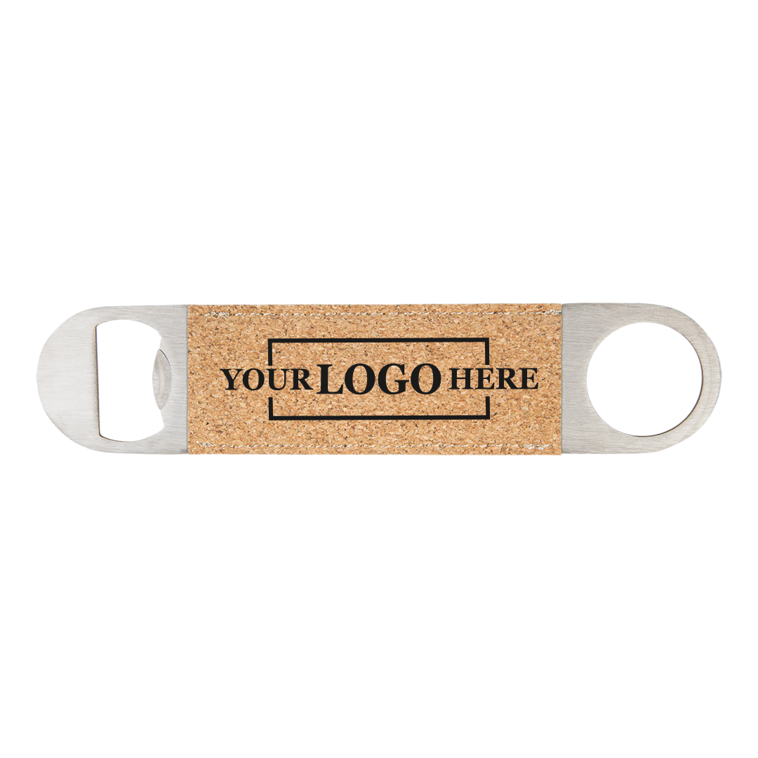 Real estate gift of a branded leatherette bottle opener in cork with black engraving
