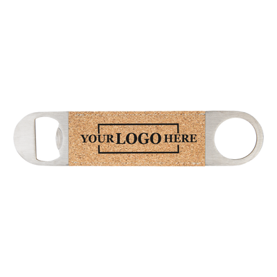 Real estate gift of a branded leatherette bottle opener in cork with black engraving