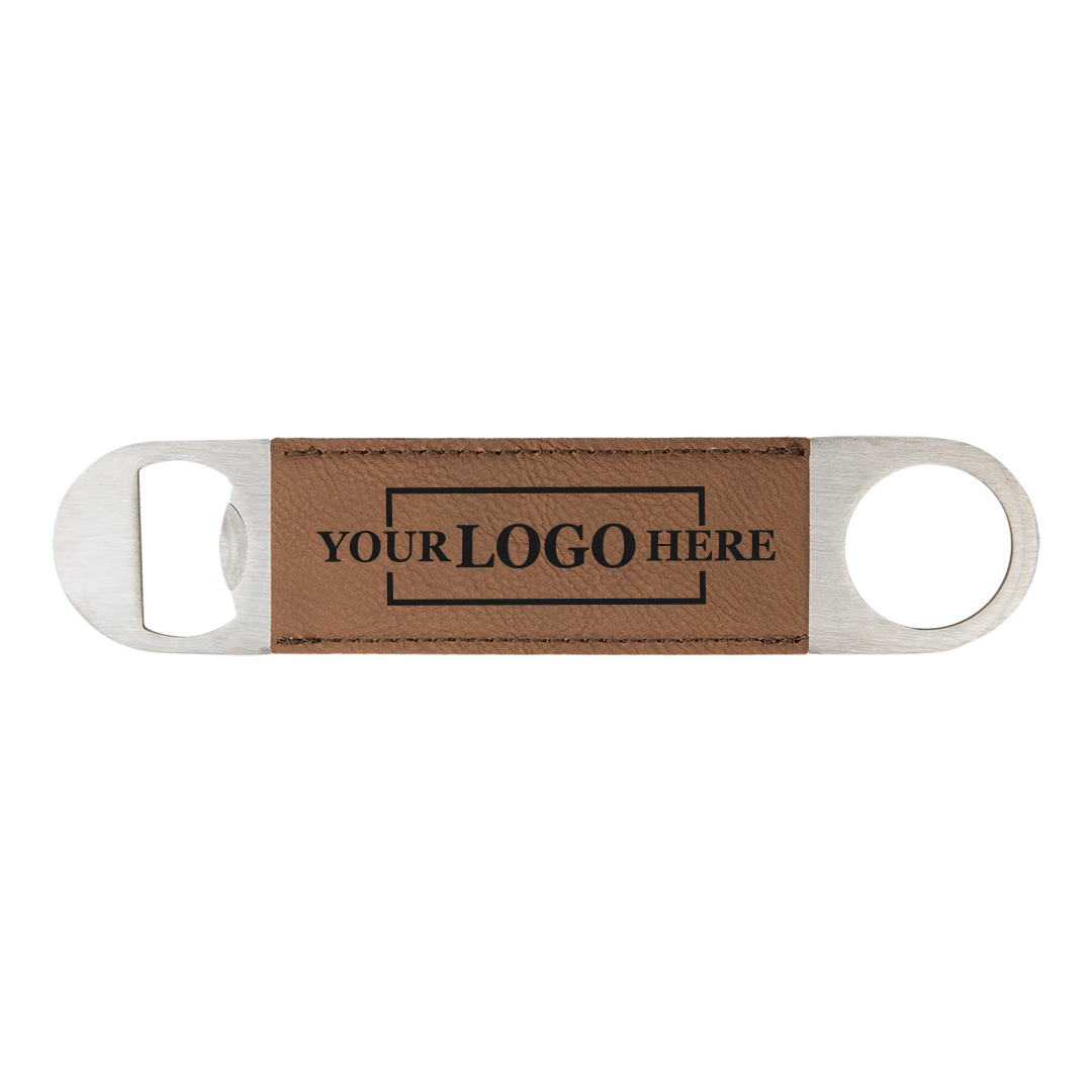 Real estate gift of a branded leatherette bottle opener in dark brown with black engraving
