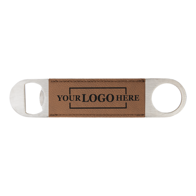 Real estate gift of a branded leatherette bottle opener in dark brown with black engraving
