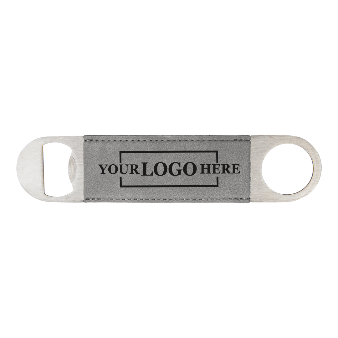 Real estate gift of a branded leatherette bottle opener in gray with black engraving
