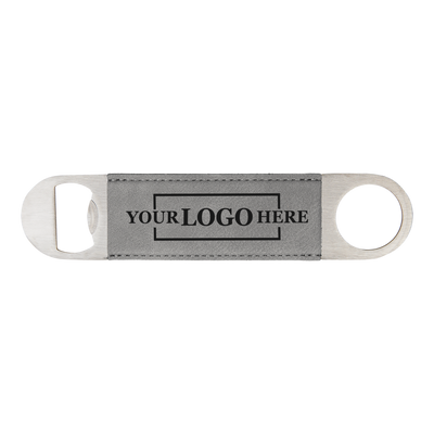 Real estate gift of a branded leatherette bottle opener in gray with black engraving