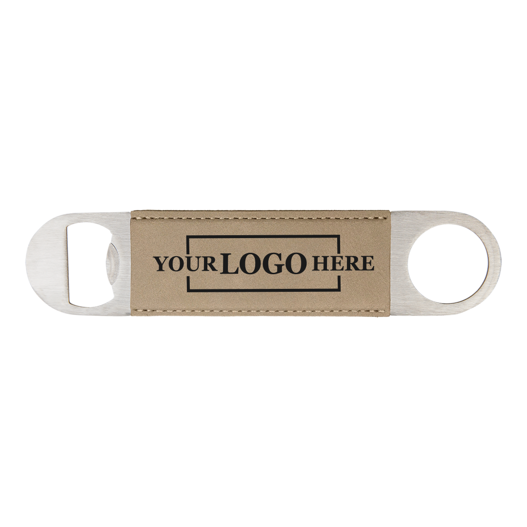Real estate gift of a branded leatherette bottle opener in light brown with black engraving