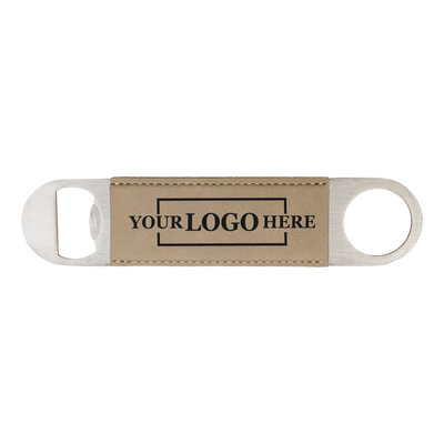 Real estate gift of a branded leatherette bottle opener in light brown with black engraving