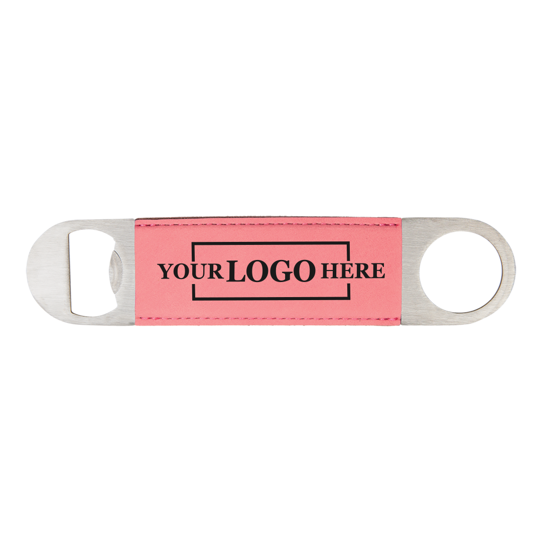 Real estate gift of a branded leatherette bottle opener in pink with black engraving