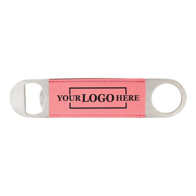 Real estate gift of a branded leatherette bottle opener in pink with black engraving