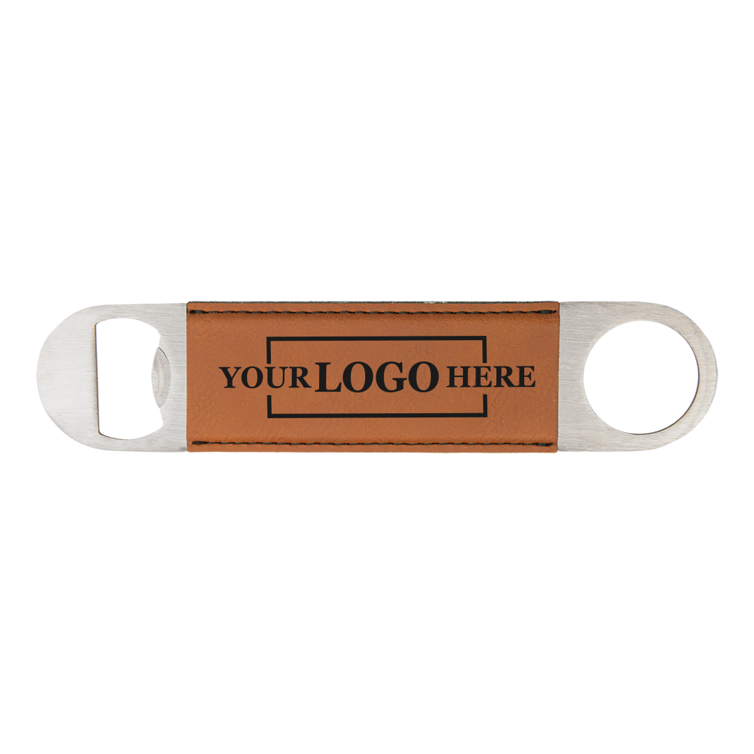 Real estate gift of a branded leatherette bottle opener in rawhide with black engraving