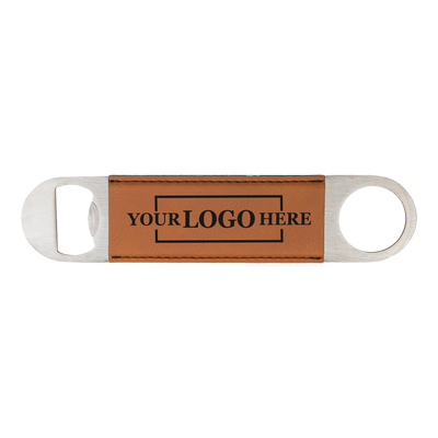Real estate gift of a branded leatherette bottle opener in rawhide with black engraving