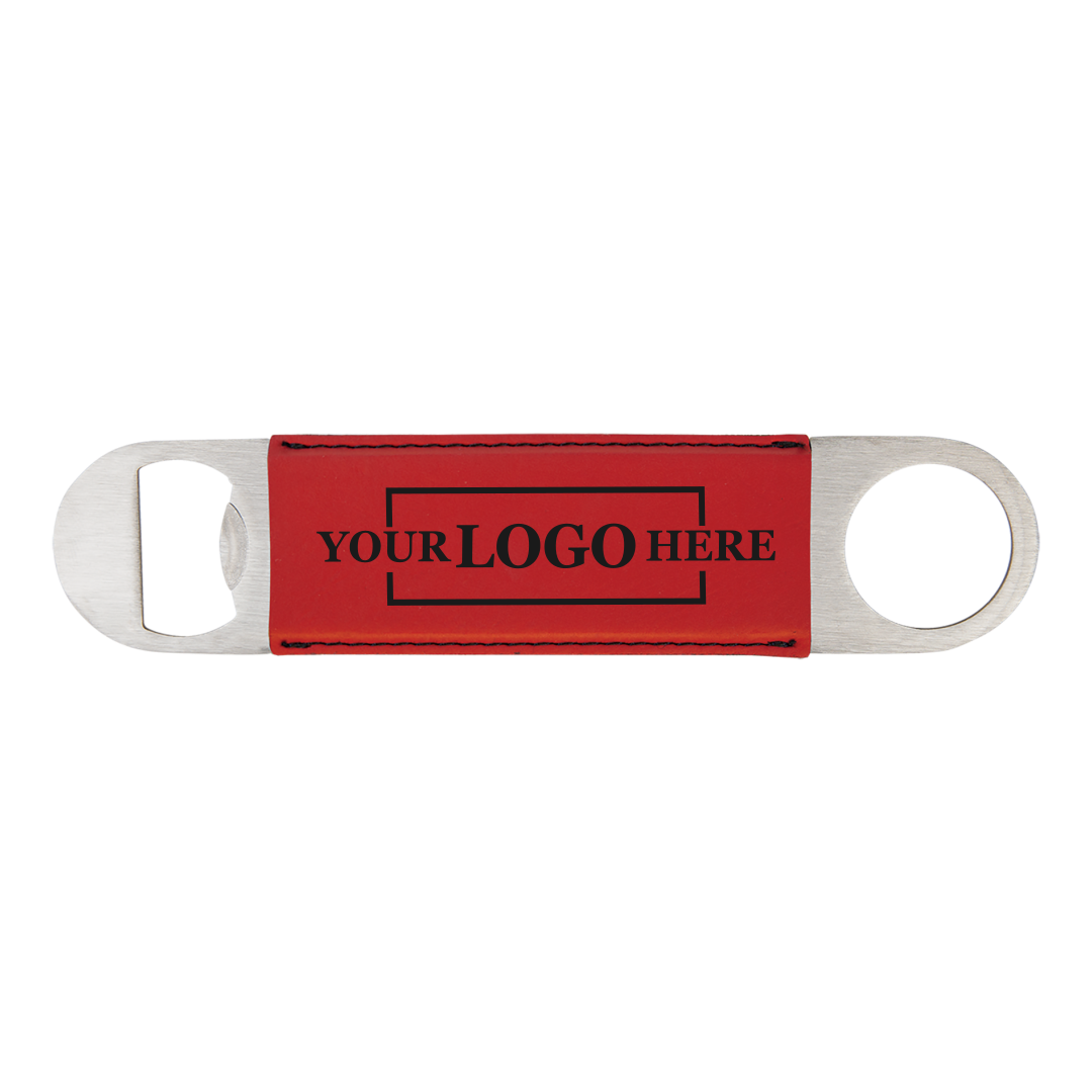 Real estate gift of a branded leatherette bottle opener in red with black engraving
