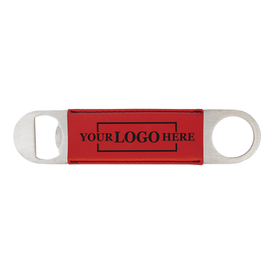 Real estate gift of a branded leatherette bottle opener in red with black engraving