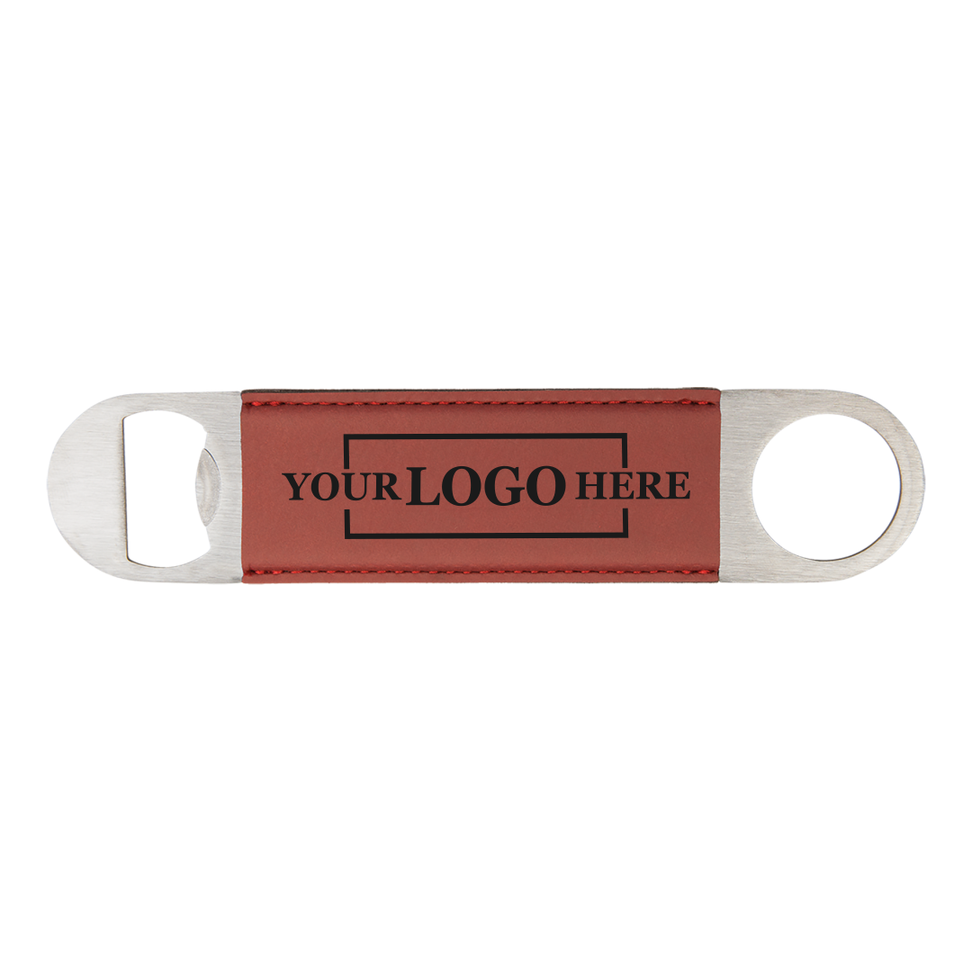 Real estate gift of a branded leatherette bottle opener in rose with black engraving