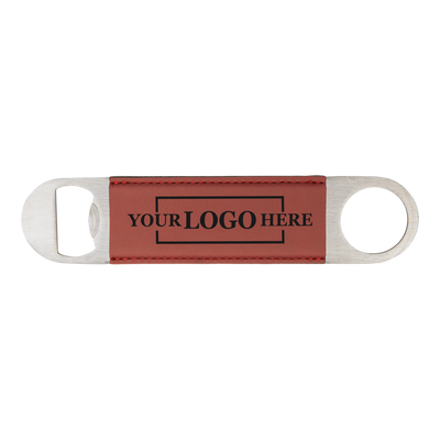 Real estate gift of a branded leatherette bottle opener in rose with black engraving