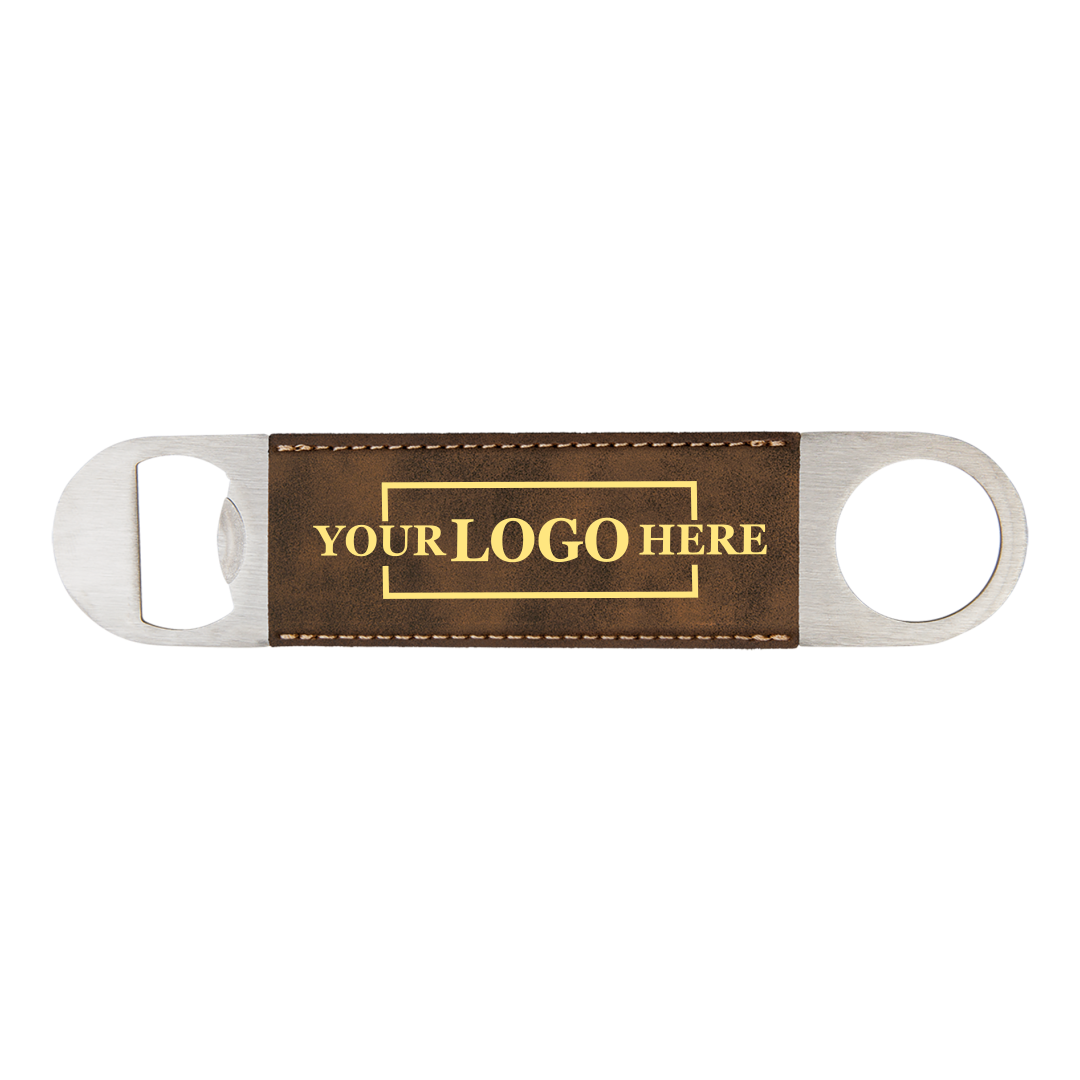 Real estate gift of a branded leatherette bottle opener in rustic with gold engraving