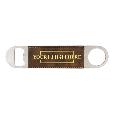 Real estate gift of a branded leatherette bottle opener in rustic with gold engraving