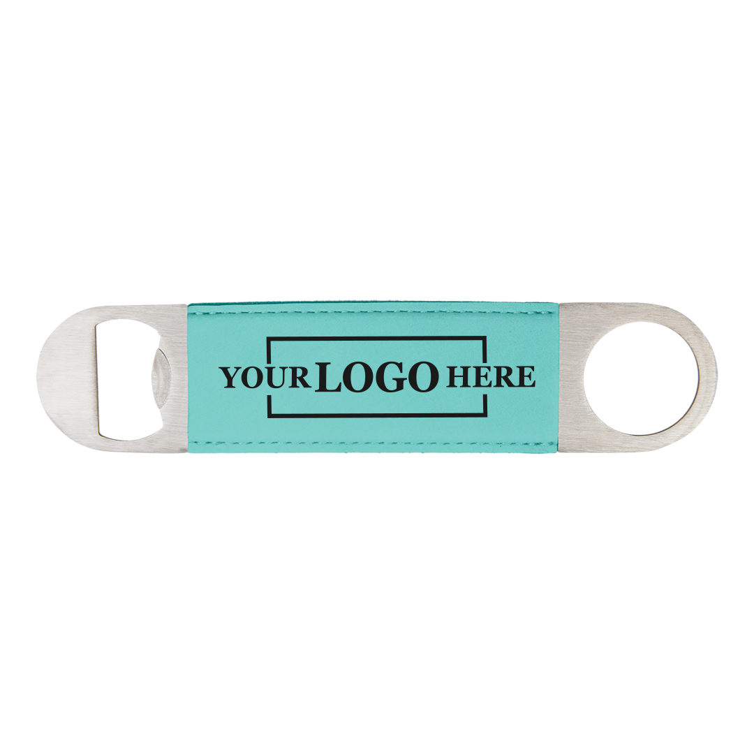 Real estate gift of a branded leatherette bottle opener in teal with black engraving