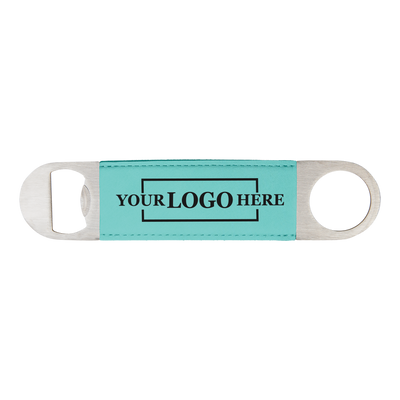 Real estate gift of a branded leatherette bottle opener in teal with black engraving