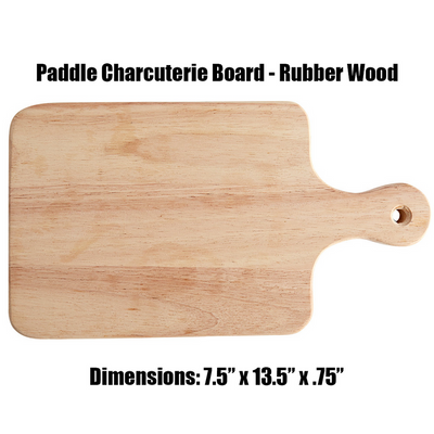 Real estate gift of a medium paddle cutting board made of rubber wood 