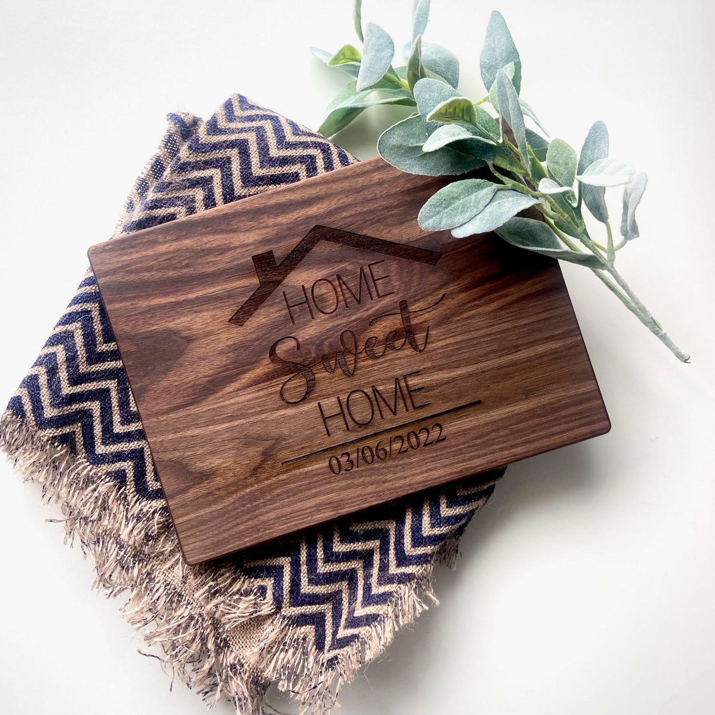 Real estate gift of a medium walnut rectangle cutting board with design 1 home sweet home choice