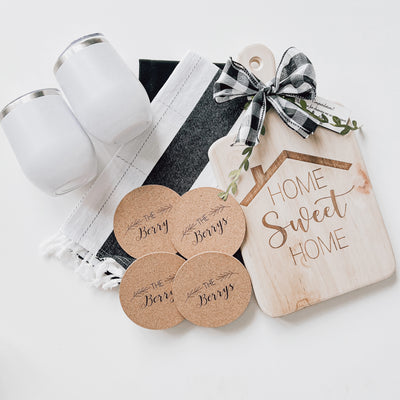 Real estate gift of a medium rubber wood set 2 with cork coasters and 2 12 oz wine tumblers