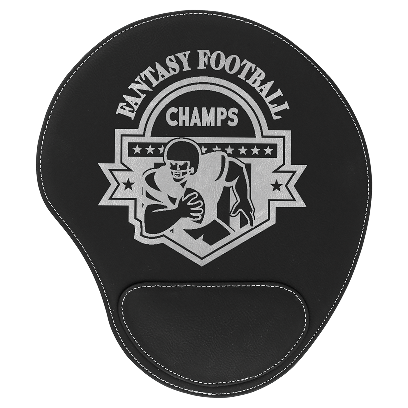Real estate promotional gift of custom branded black leatherette mouse pad engraved in silver
