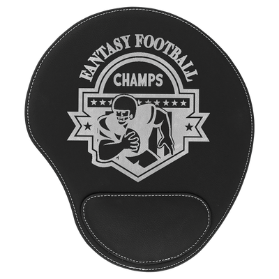 Real estate promotional gift of custom branded black leatherette mouse pad engraved in silver