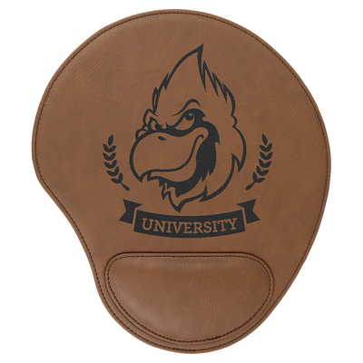 Real estate promotional gift of custom branded dark brown leatherette mouse pad engraved in black