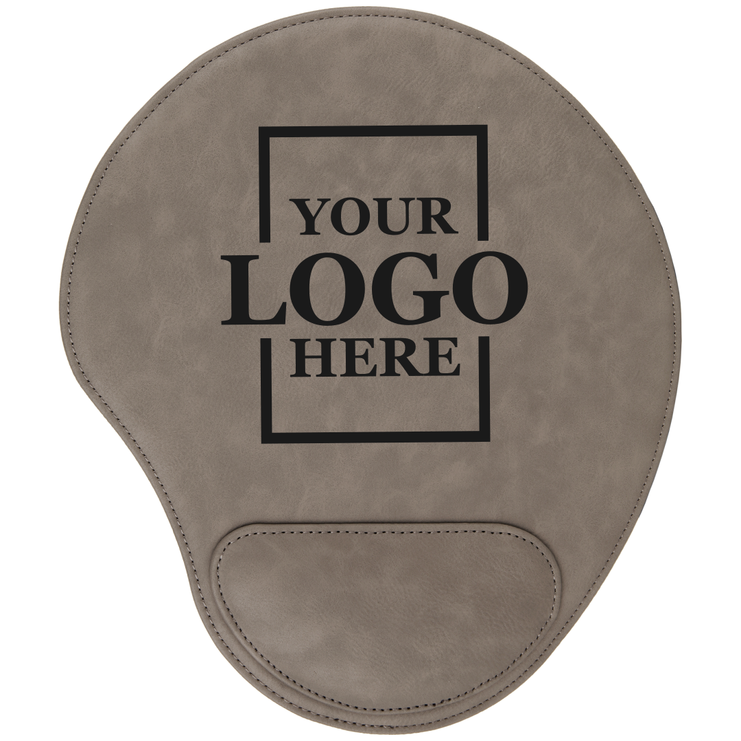 Real estate promotional gift of custom branded gray leatherette mouse pad engraved in black