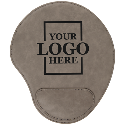 Real estate promotional gift of custom branded gray leatherette mouse pad engraved in black