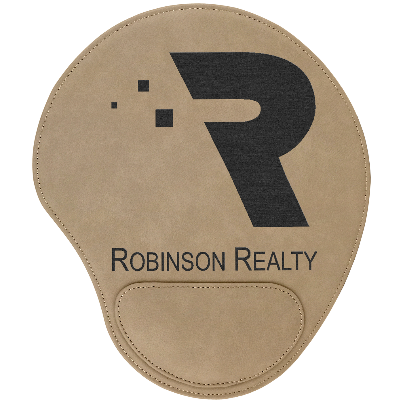 Real estate promotional gift of custom branded light brown leatherette mouse pad engraved in black