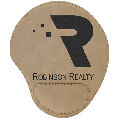 Real estate promotional gift of custom branded light brown leatherette mouse pad engraved in black