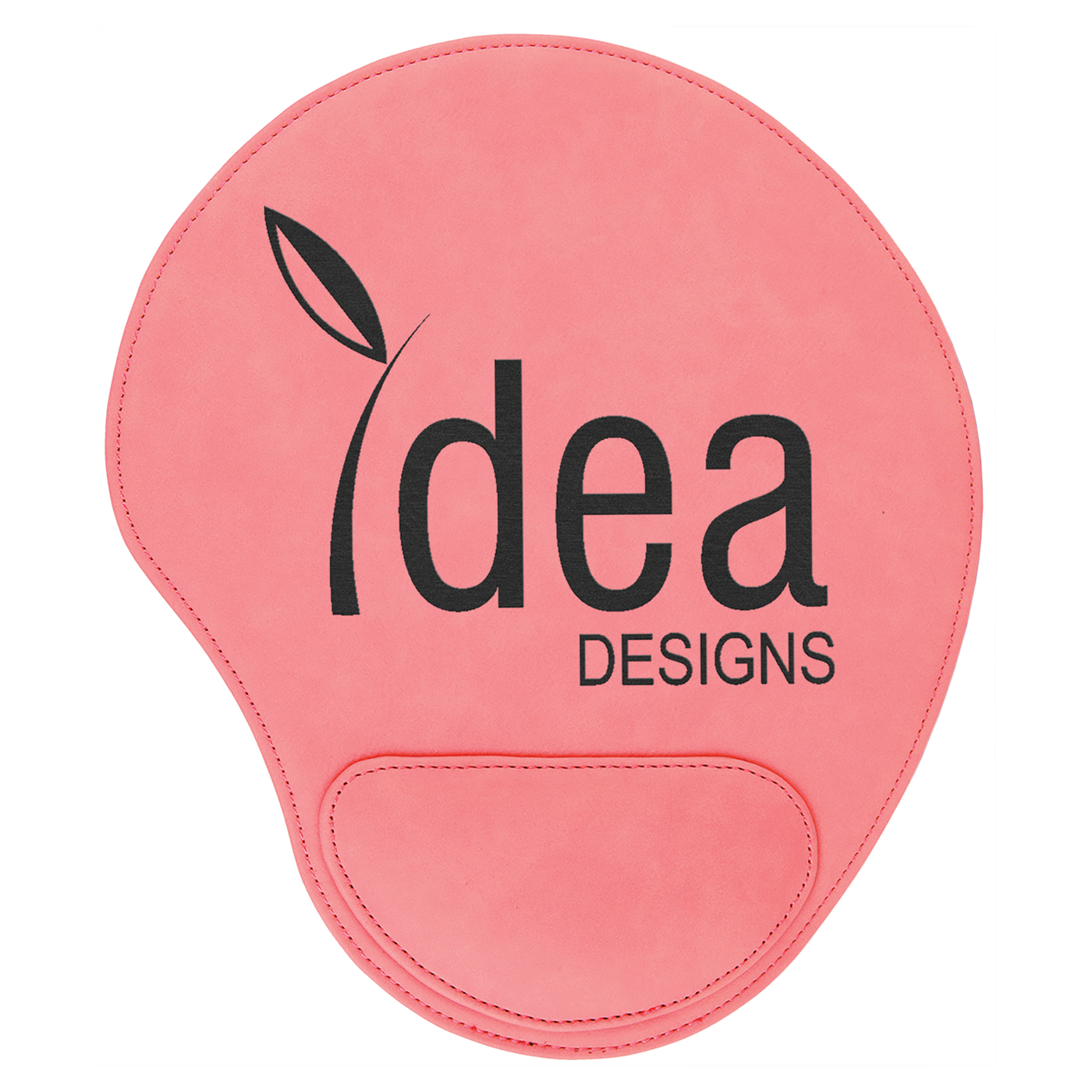 Real estate promotional gift of custom branded pink leatherette mouse pad engraved in black