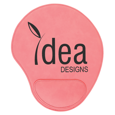 Real estate promotional gift of custom branded pink leatherette mouse pad engraved in black