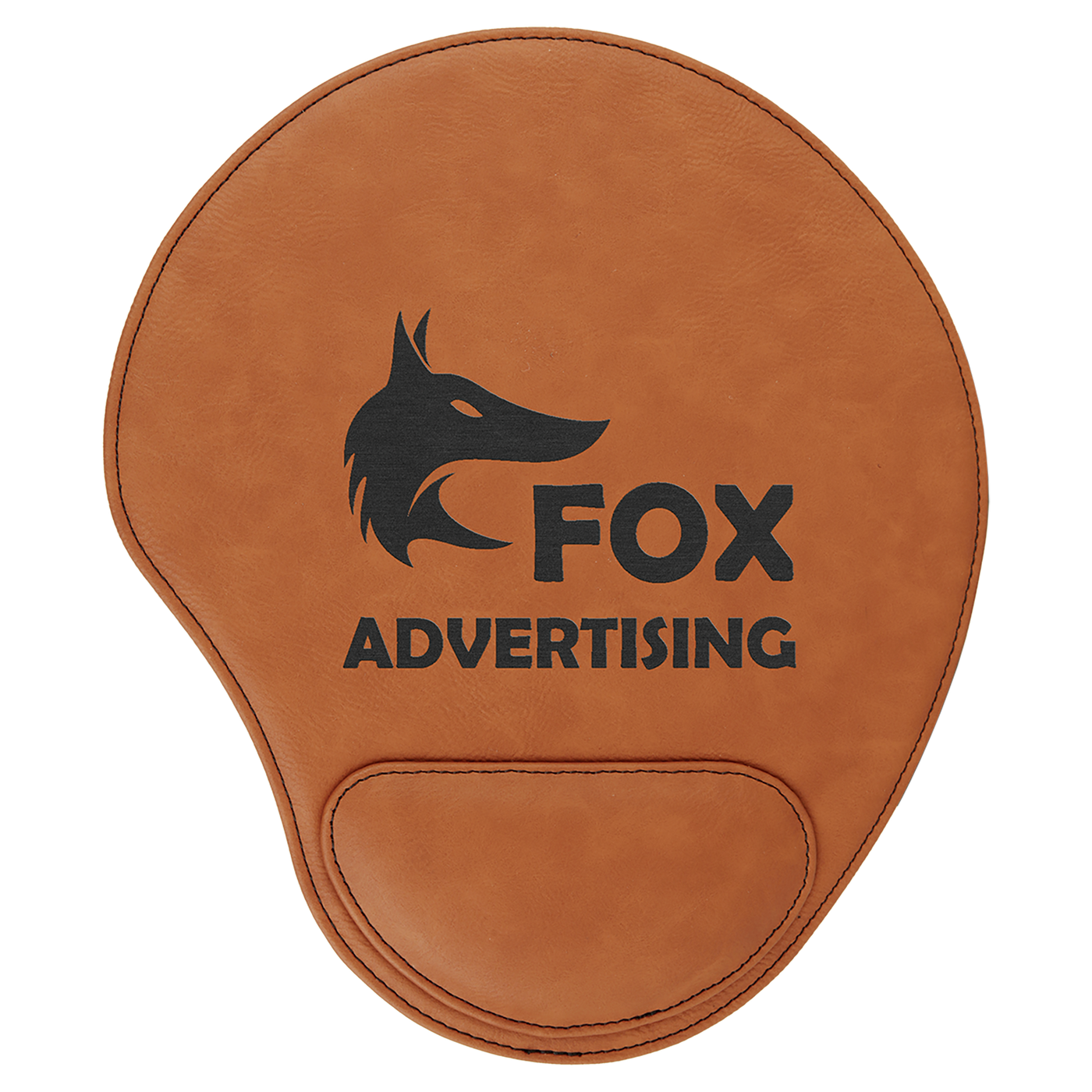 Real estate promotional gift of custom branded rawhide leatherette mouse pad engraved in black