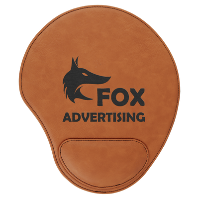 Real estate promotional gift of custom branded rawhide leatherette mouse pad engraved in black
