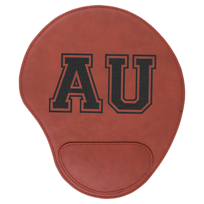 Real estate promotional gift of custom branded rose leatherette mouse pad engraved in black