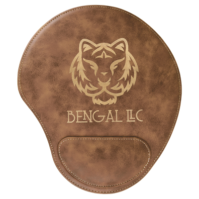 Real estate promotional gift of custom branded rustic leatherette mouse pad engraved in gold