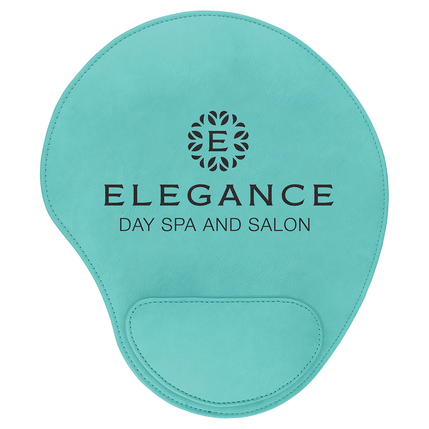 Real estate promotional gift of custom branded teal leatherette mouse pad engraved in black
