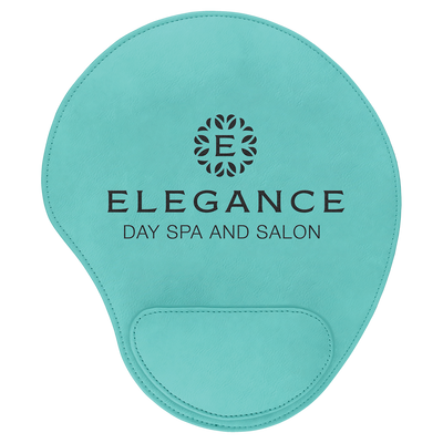 Real estate promotional gift of custom branded teal leatherette mouse pad engraved in black