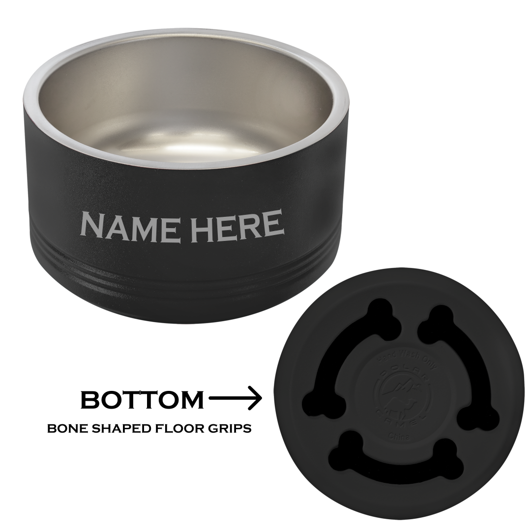 Real estate gift of treats and black pet bowl with name engraved in silver 