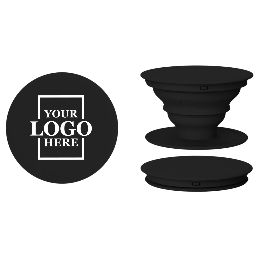 Real estate promotional gift of custom branded pop sockets in black with white printing