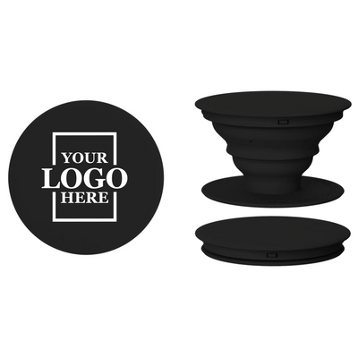 Real estate promotional gift of custom branded pop sockets in black with white printing