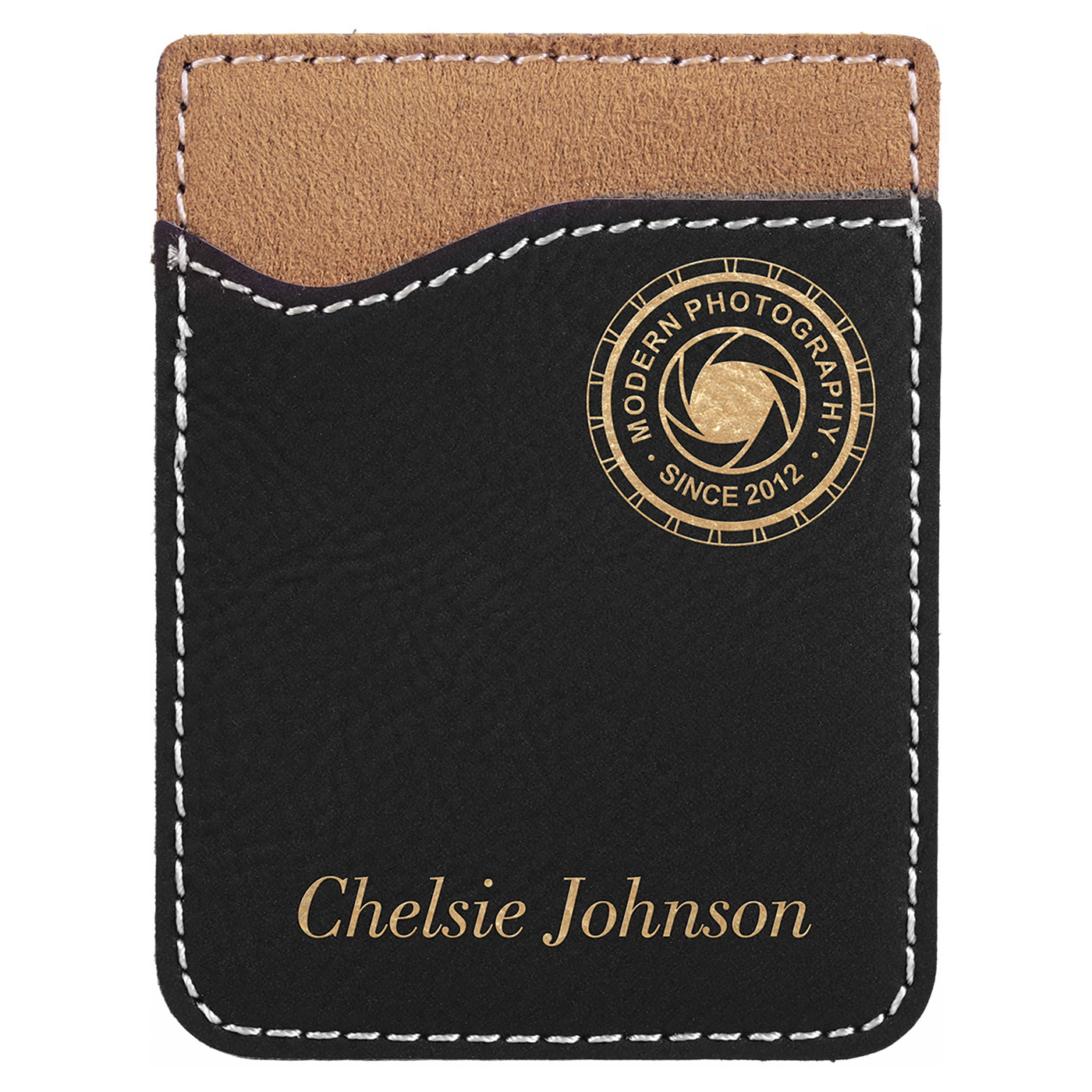 Real estate promotional gift of custom branded black phone wallet engraved in gold